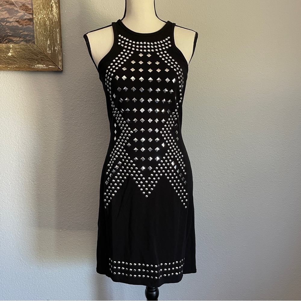 Black Stretchy Bodycon Silver Studded Party Dress Like New!